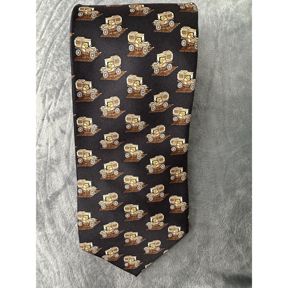 Vintage Fabergé Silk Tie 4" Wide Antique Car Print Handmade in USA